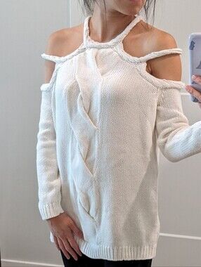 Nasty Gal Cream Cable Knit Cold Shoulder Sweater XS